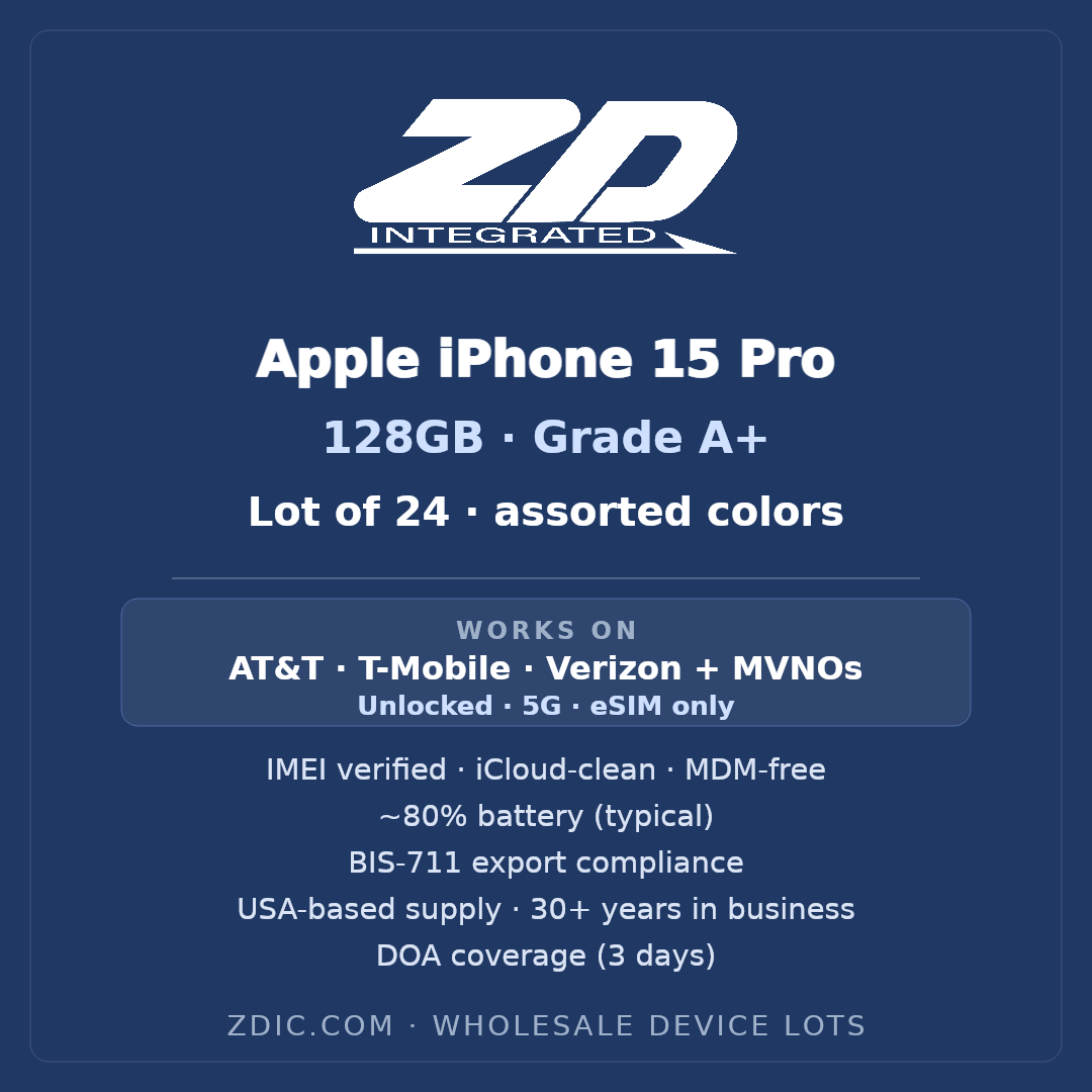 Apple iPhone 15 Pro 128GB — Grade A+ — Lot of 24 | ZDI